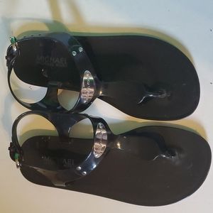 Michael Kors women's 6 black plastic strap sandles w/ silver front name …